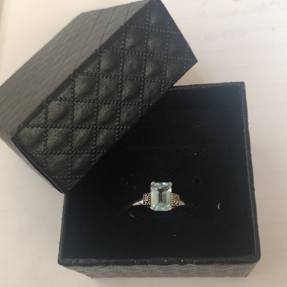 1ct Emerald Cut Blue Topaz and Diamond Ring in solid Sterling Silver